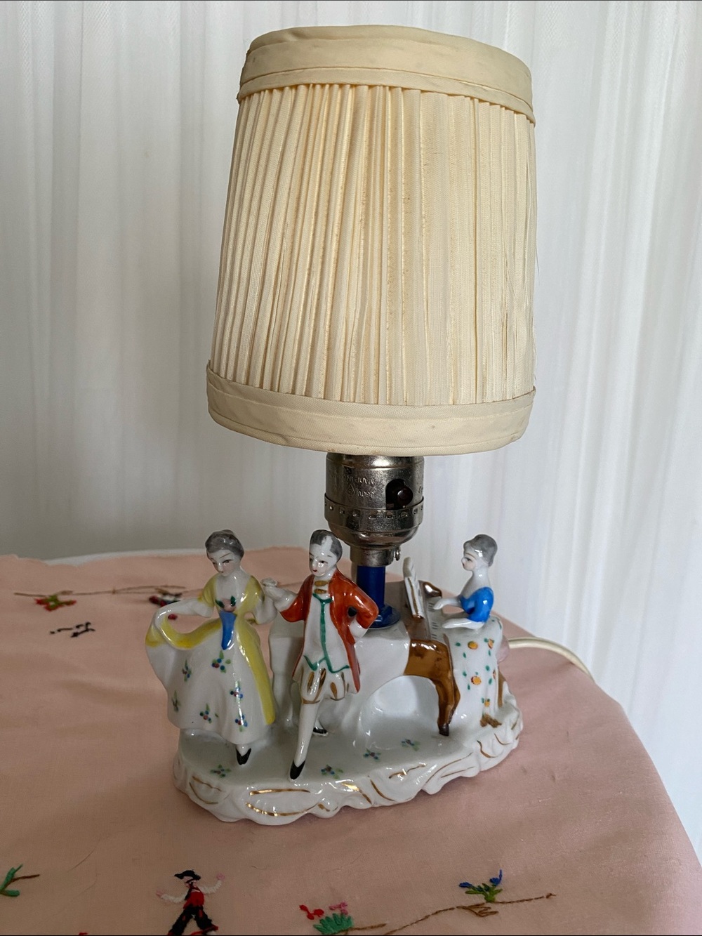 Vintage Rococo Style Porcelain Figurine Table Lamp with Cream Shade